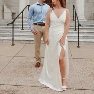 draped satin spaghetti strap sheath wedding dress